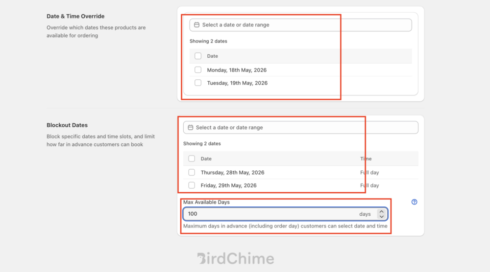Date & Time Override and Blockout Dates sections with Max Available Days field