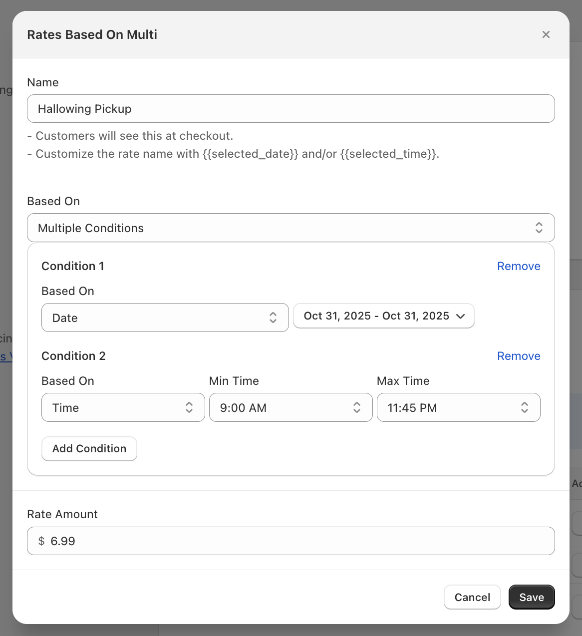 Shows the expanded multiple conditions form with multiple criteria fields visible