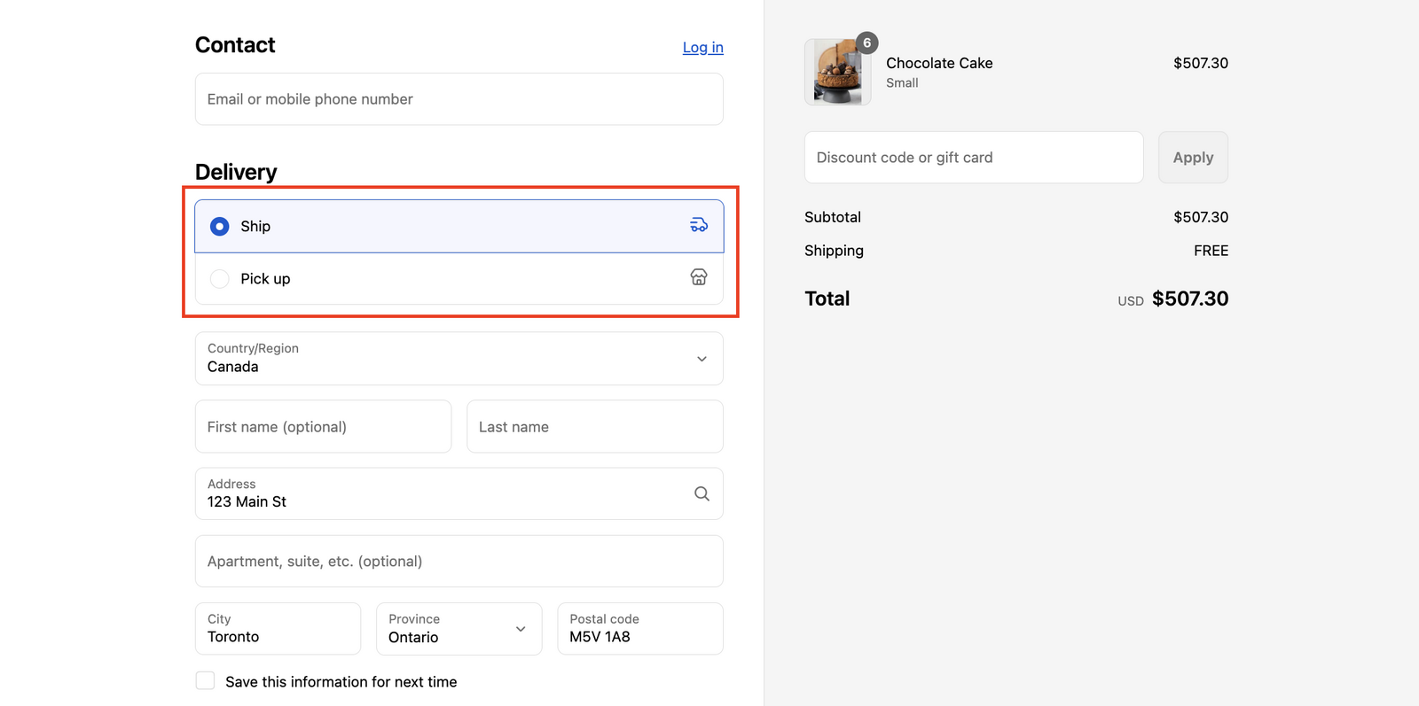 Shows the default Shopify checkout page with both shipping and store pickup options visible