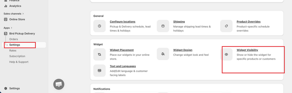 Shows the Bird App Settings page with the Widget Visibility tile highlighted under the Widget card