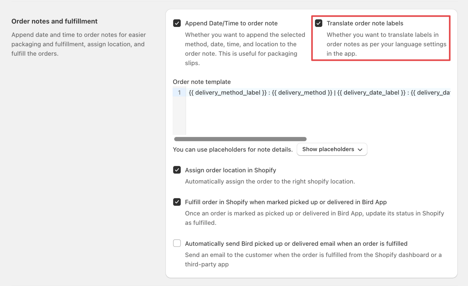 Order Management settings showing the Translate order notes option