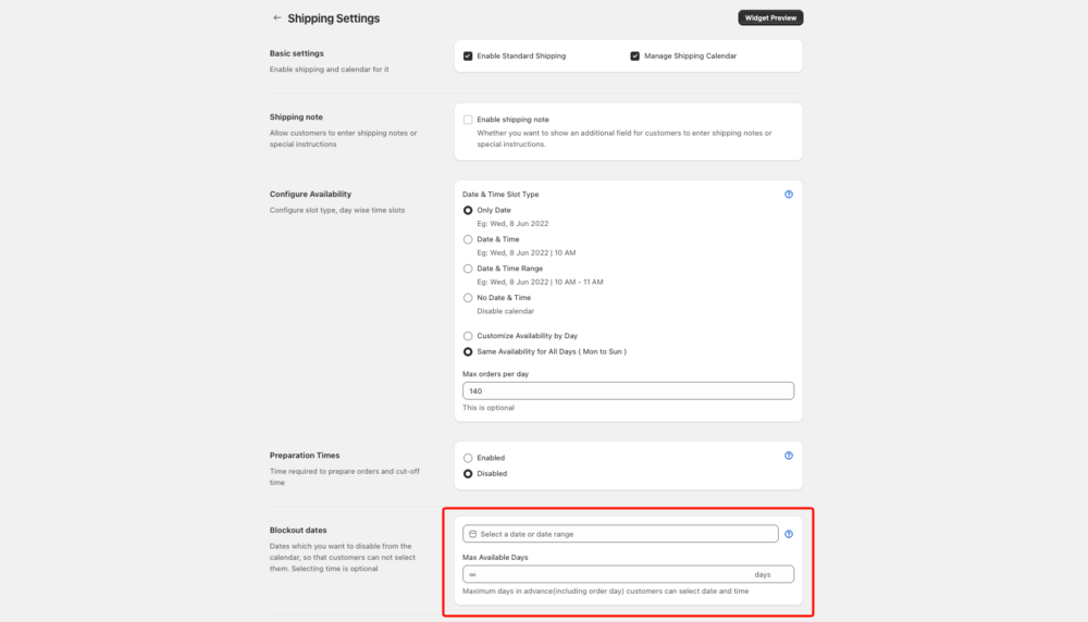 Shows the Blockout Dates section in Shipping settings