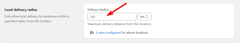 Shows the location settings page with the local delivery radius configuration, specifically highlighting the 5km radius setting for the Main store location