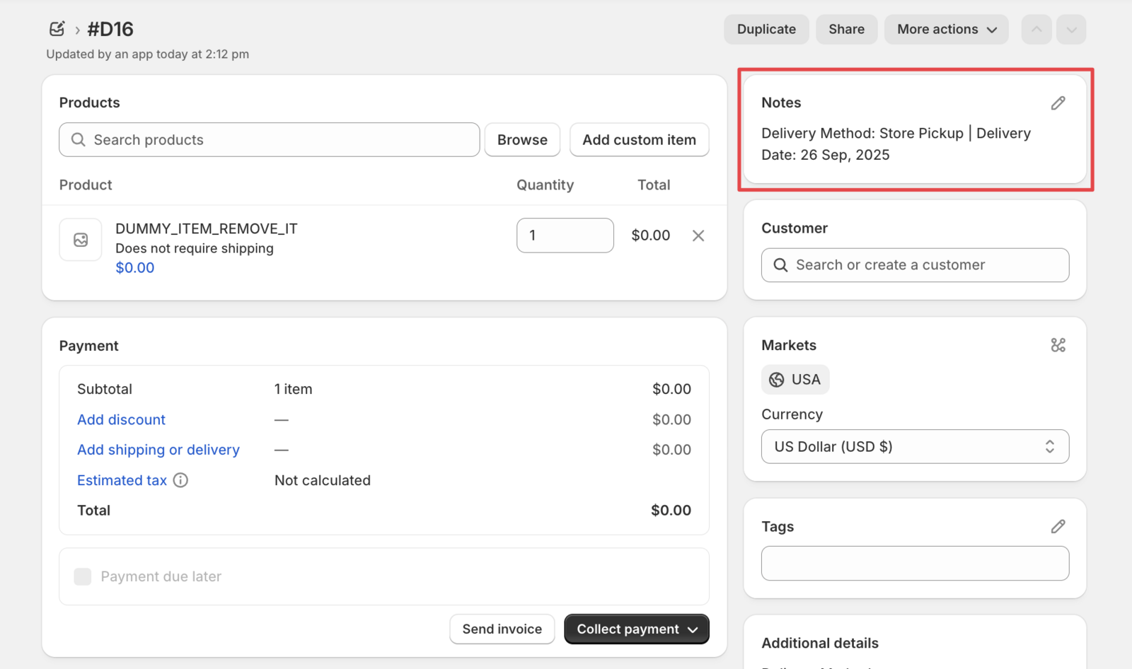 Example order note displaying delivery date and time information
