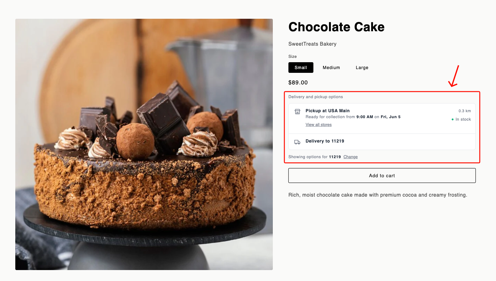 Product page widget showing pickup and delivery cards with stock status, readiness time, and address summary row