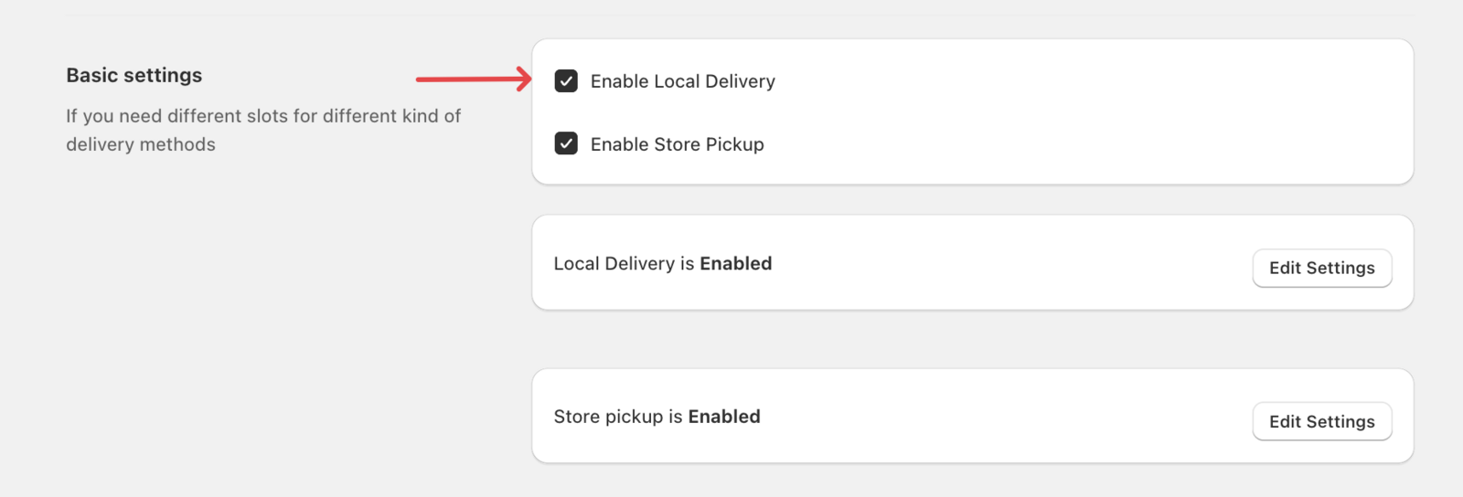 Showing Local delivery toggle enabled