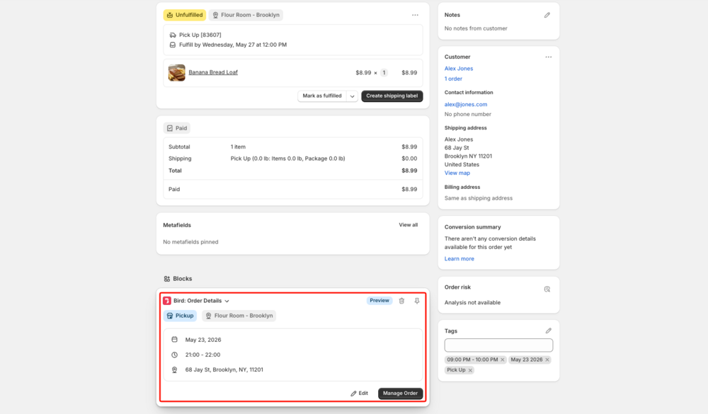 Bird Order Details block on a Shopify admin order page