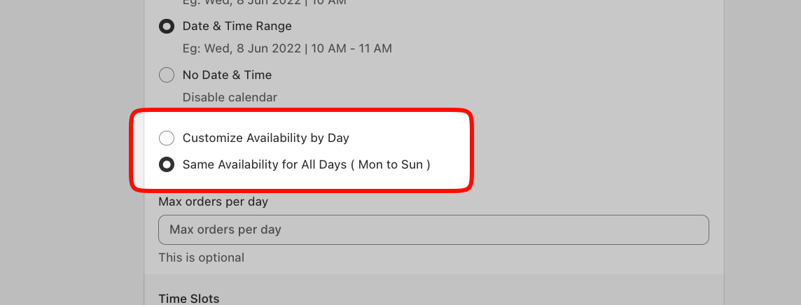 Shows availability schedule type selection options