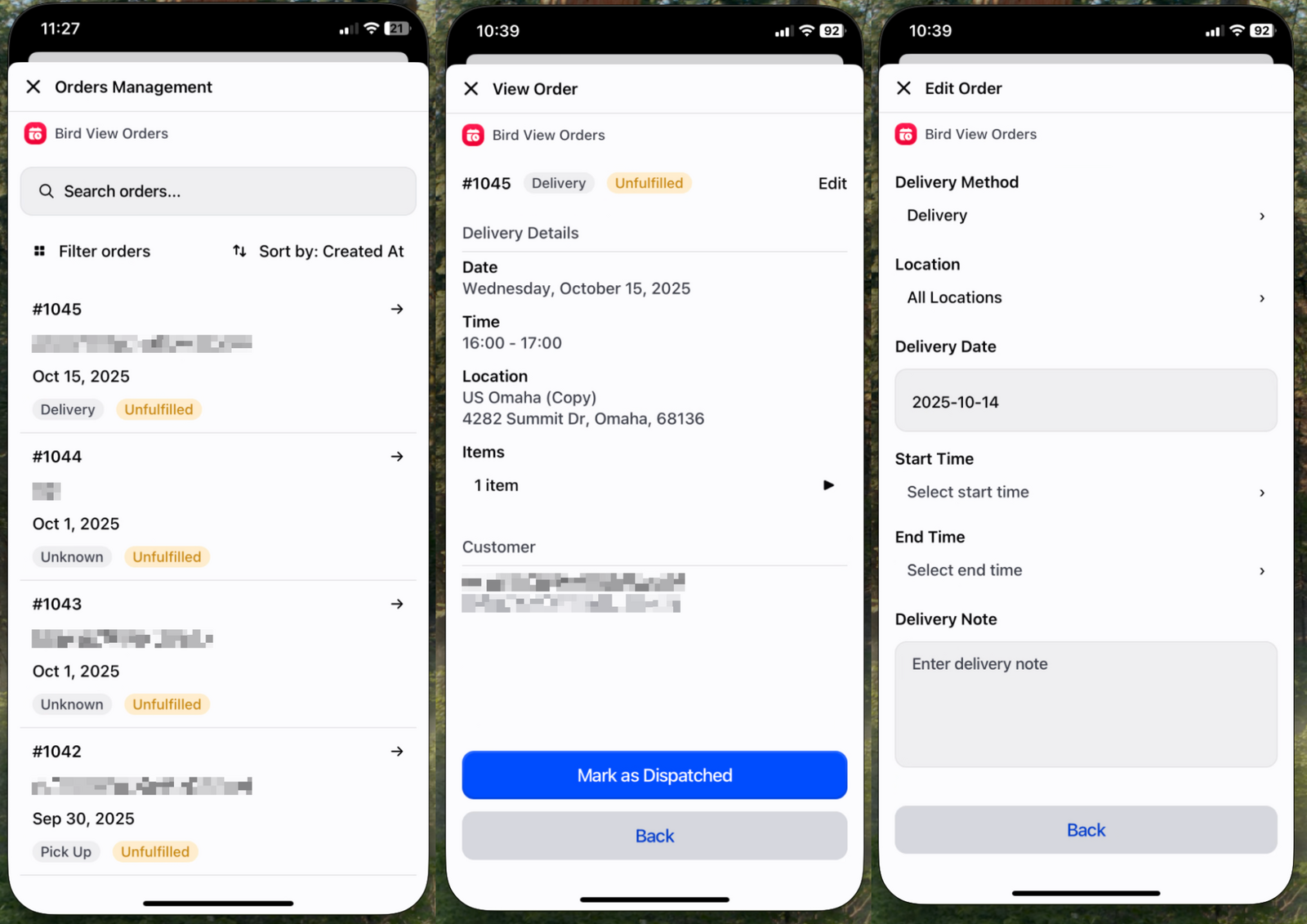 Bird View Orders interface showing a list of scheduled orders with search functionality and order management options visible