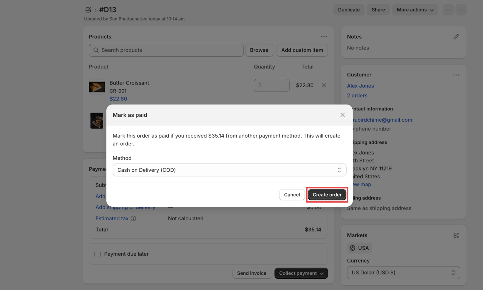 Shows the final order creation confirmation in Shopify