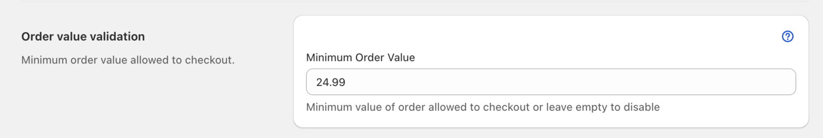 Shows the minimum order value configuration section