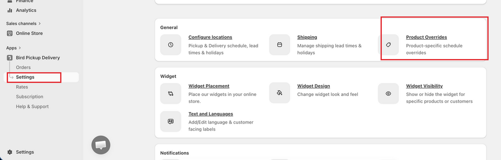 The Bird App Settings page with the Product Overrides tile highlighted