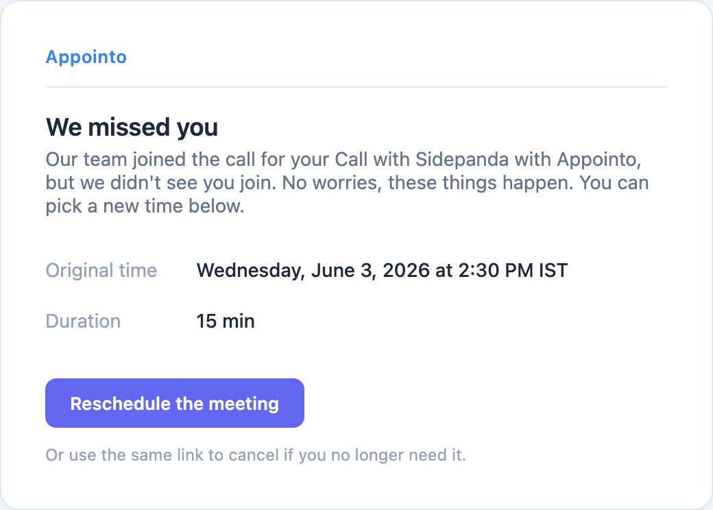 The automatic no-show email with a one-click reschedule link