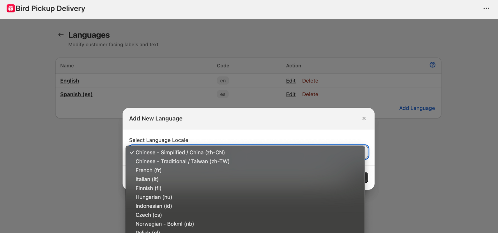 Add Language interface with language dropdown showing available options