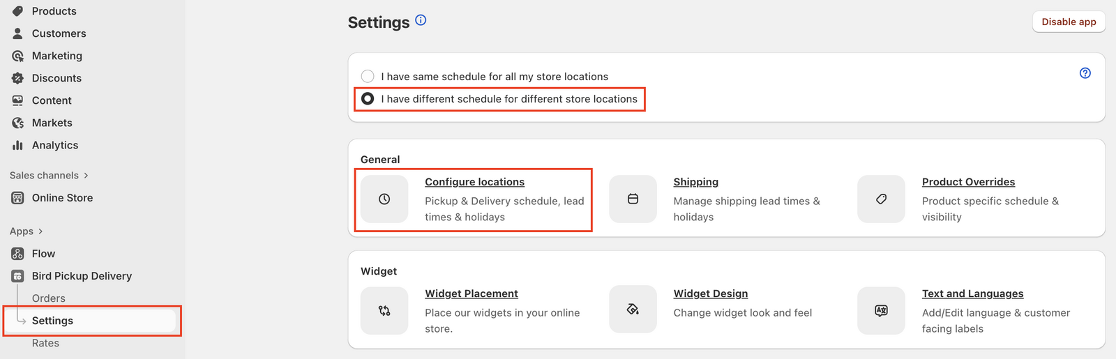 Bird app settings page with location configuration options highlighted