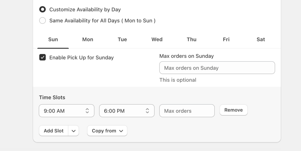 Shows day-specific settings with tabs for each weekday