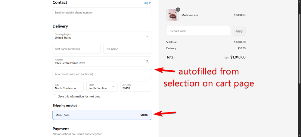 Shows the checkout page with prefilled selected location and radius-based delivery rate displayed correctly for the customer