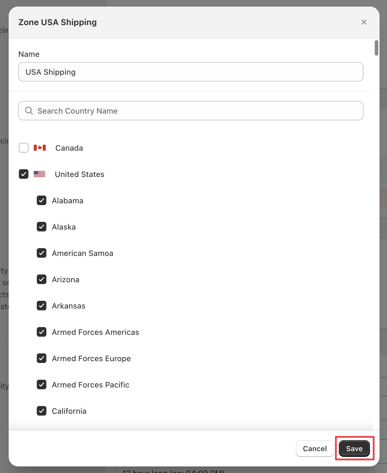 Expanded zone configuration showing country and state selection options