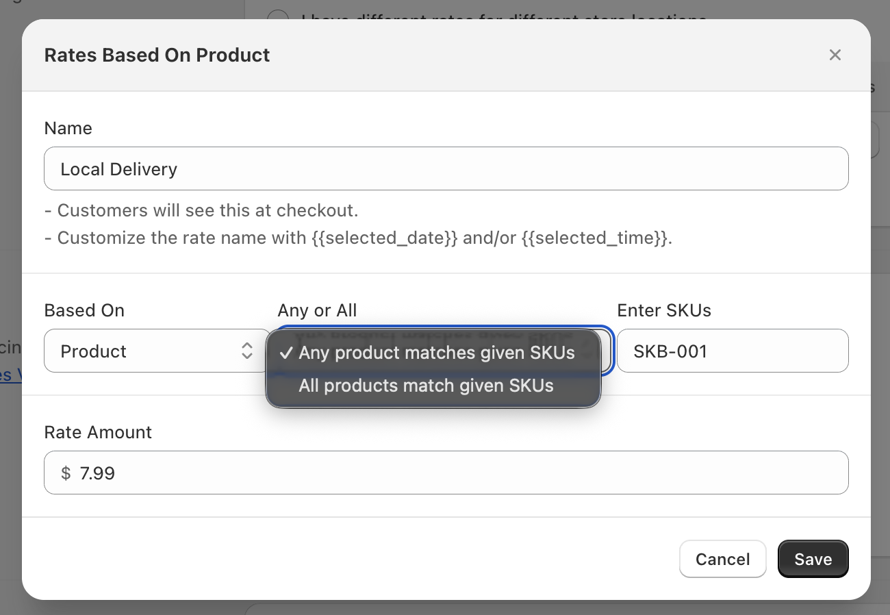 SKU-based rate configuration for product-specific pricing
