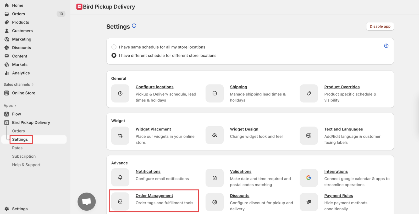 Shows the Bird App Settings navigation menu with Order Management highlighted