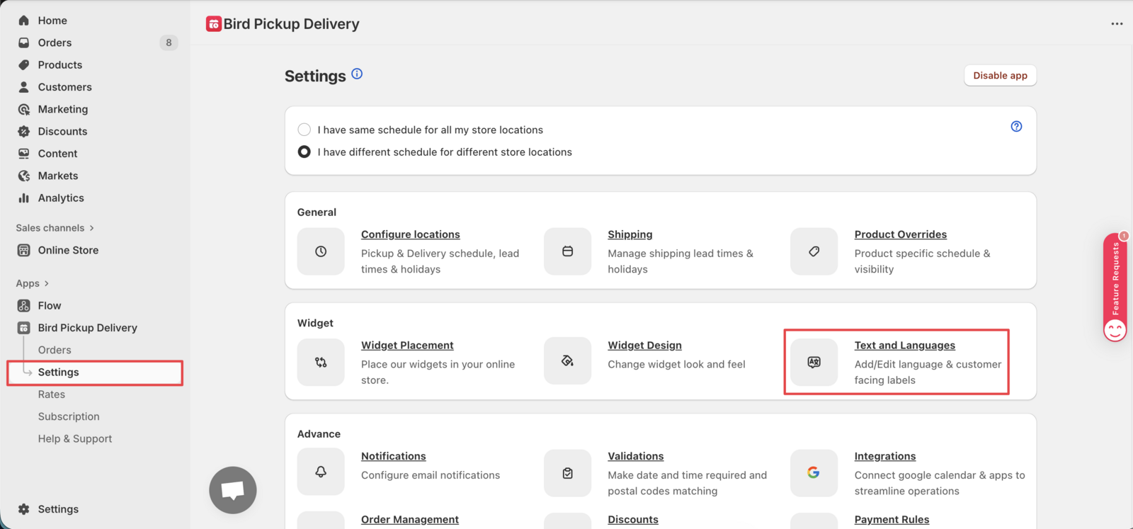 The Bird App dashboard with the Text & Languages menu highlighted