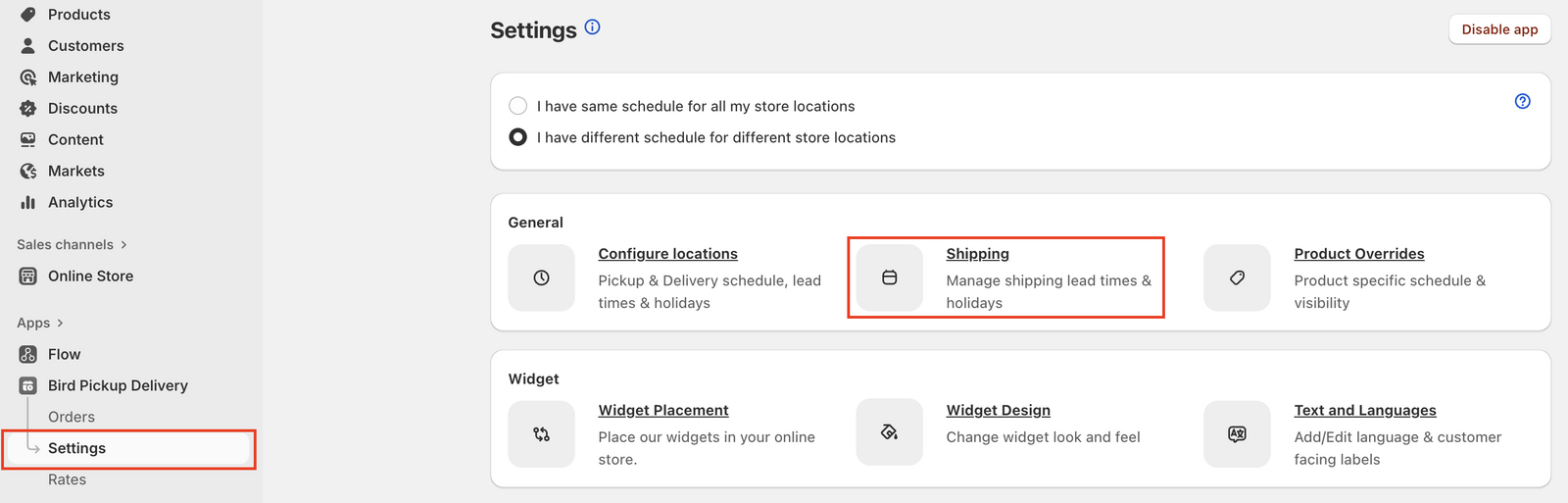Shows the Bird App Settings navigation menu with the Shipping option highlighted