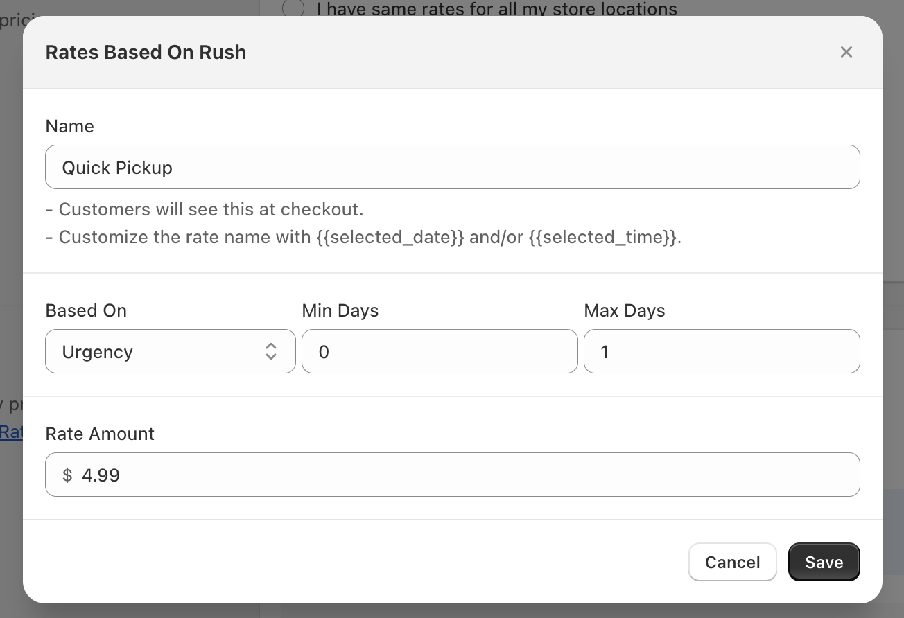 Shows urgency-based rate configuration with min/max days fields for rush pricing