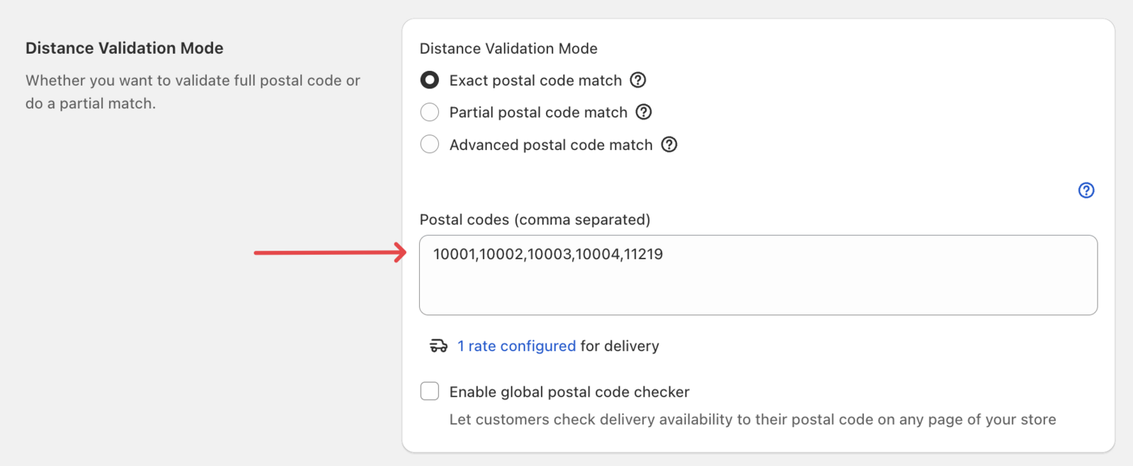 Postal code input field with example of exact postal code entered
