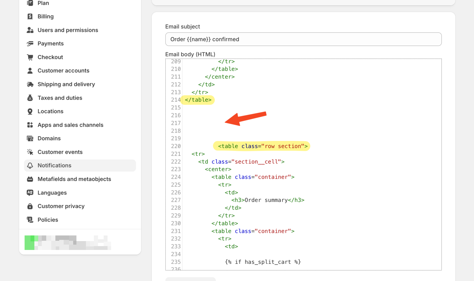 Shows the exact location where the delivery information code should be inserted, positioned above the Order Summary table