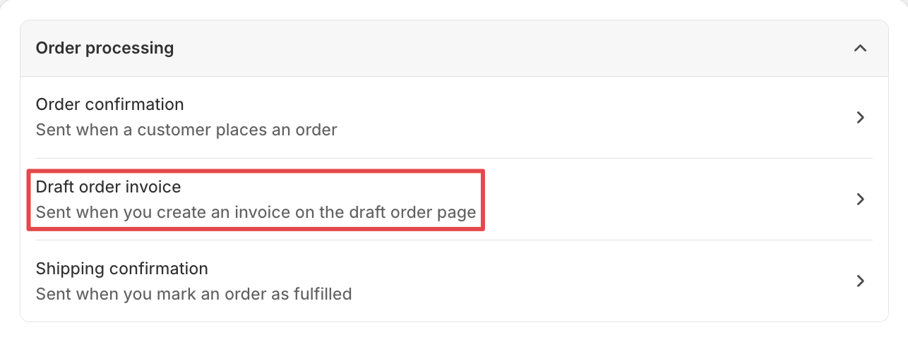 Customer Notifications page highlighting the Draft order invoice option