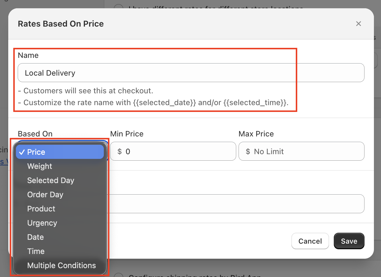Bird App's rate configuration form where users enter rate names and select conditions