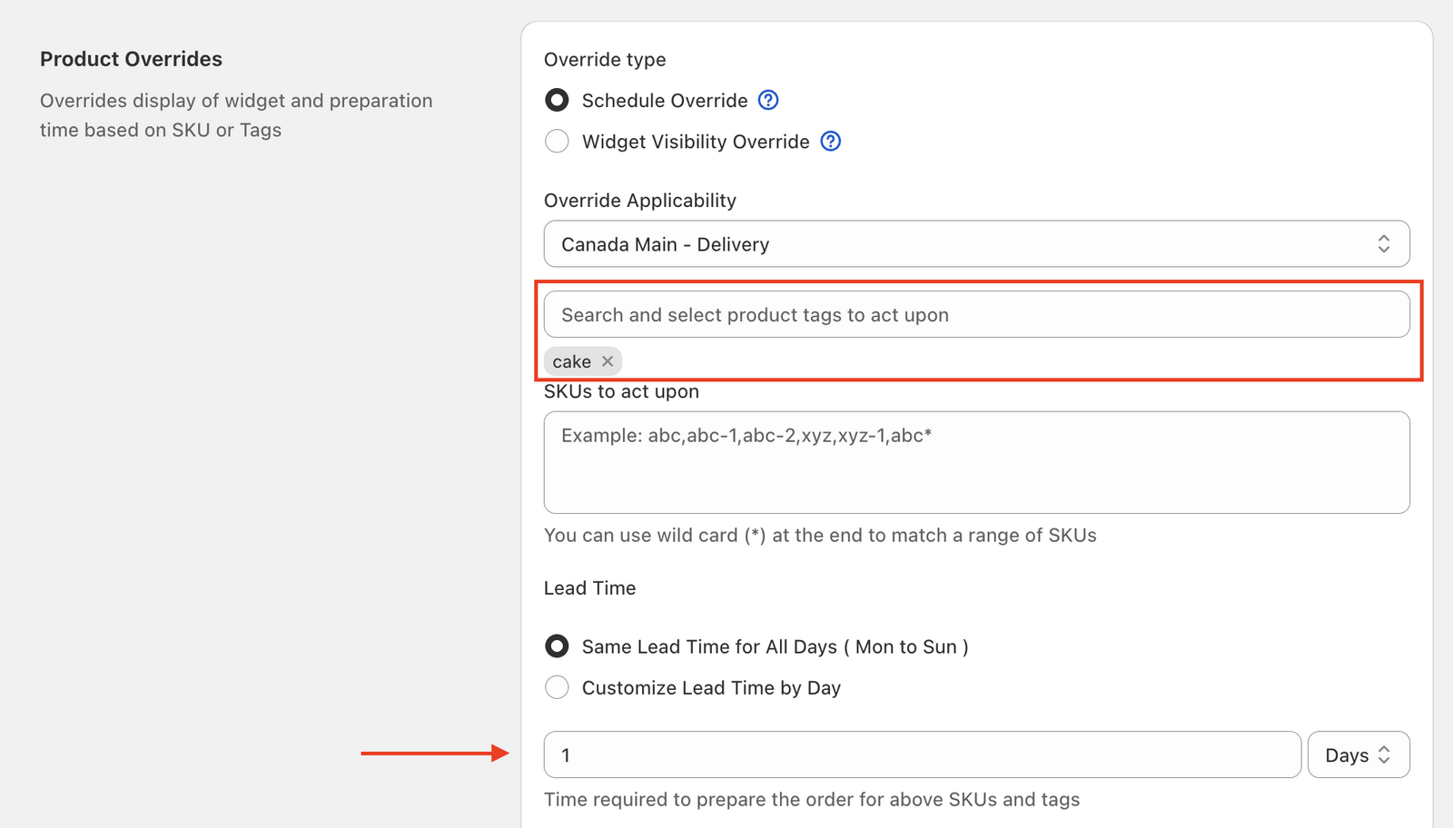Product override configuration screen showing lead time settings and tag-based product selection for next-day delivery