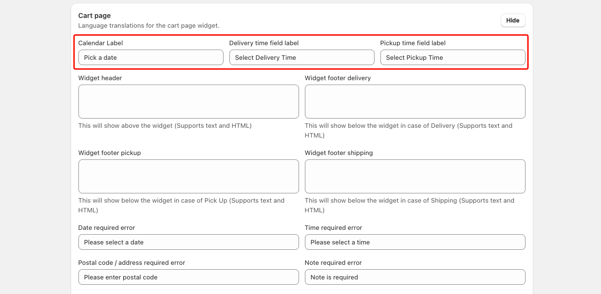 Cart page settings showing Calendar Label, Delivery time field label, and Pickup time field label fields