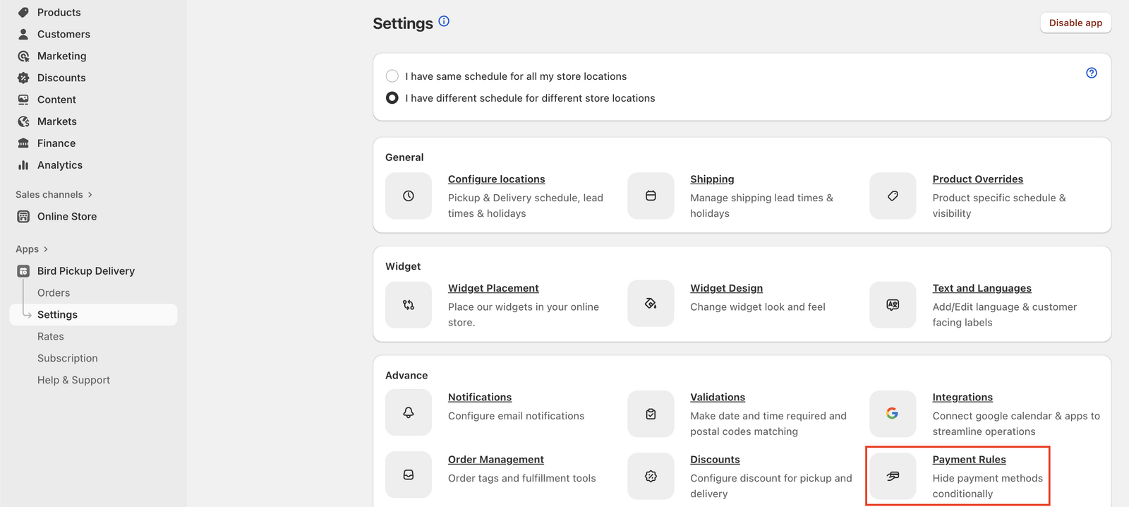 Payment Rules options highlighted in the Bird Settings