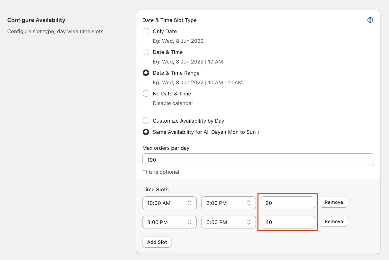 Maximum orders per time slot setting for shipping