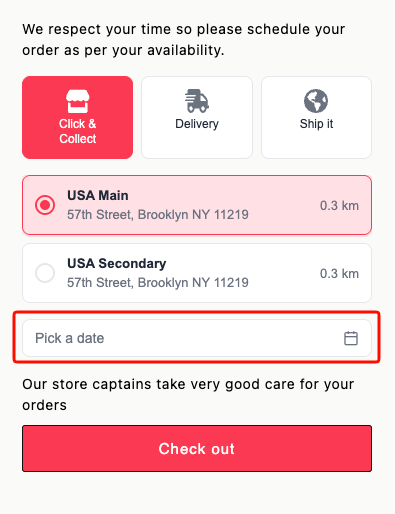 Cart widget showing "Pick a date" as the calendar label on the date picker