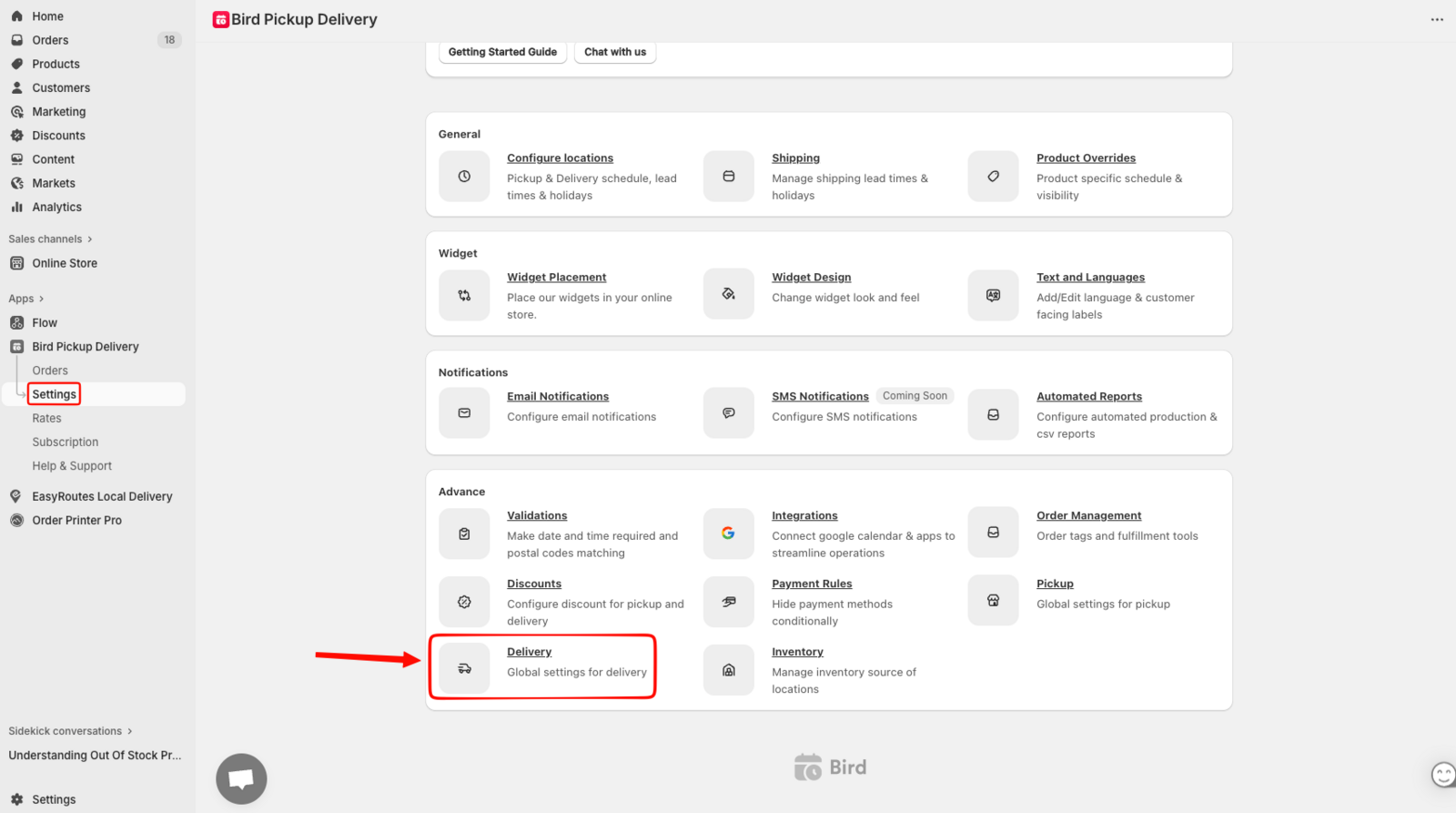 Bird App Validations settings page, showing option where you configure delivery postal codes highlighted