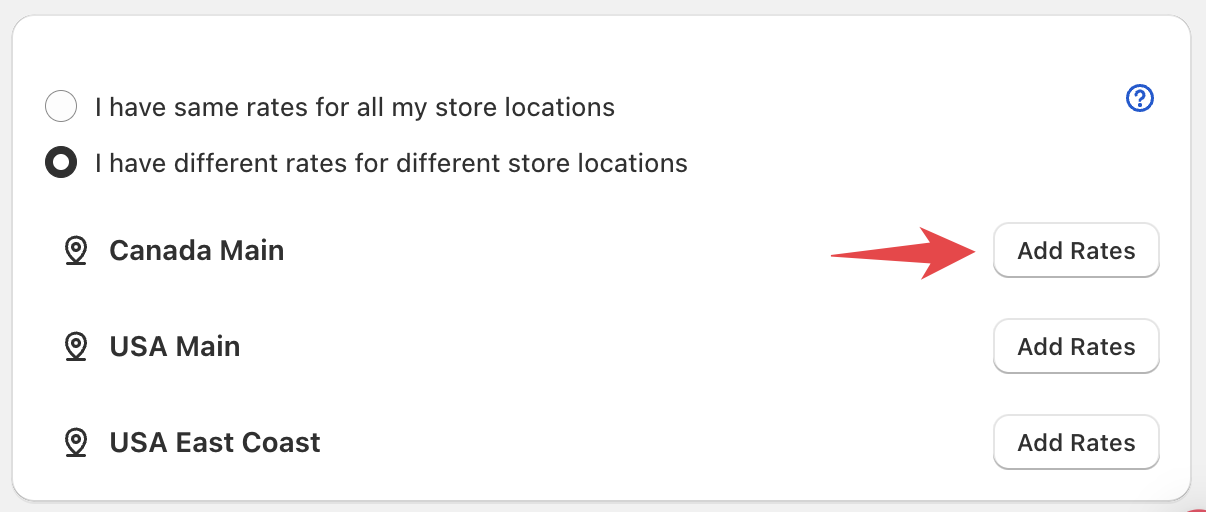 Shows the interface for configuring rates for multiple locations with location selection dropdown