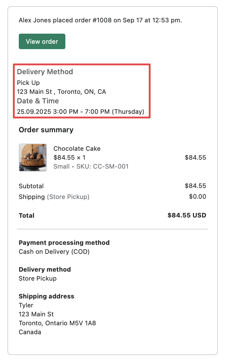 The final result showing delivery method, date, time, and day information in the staff notification email