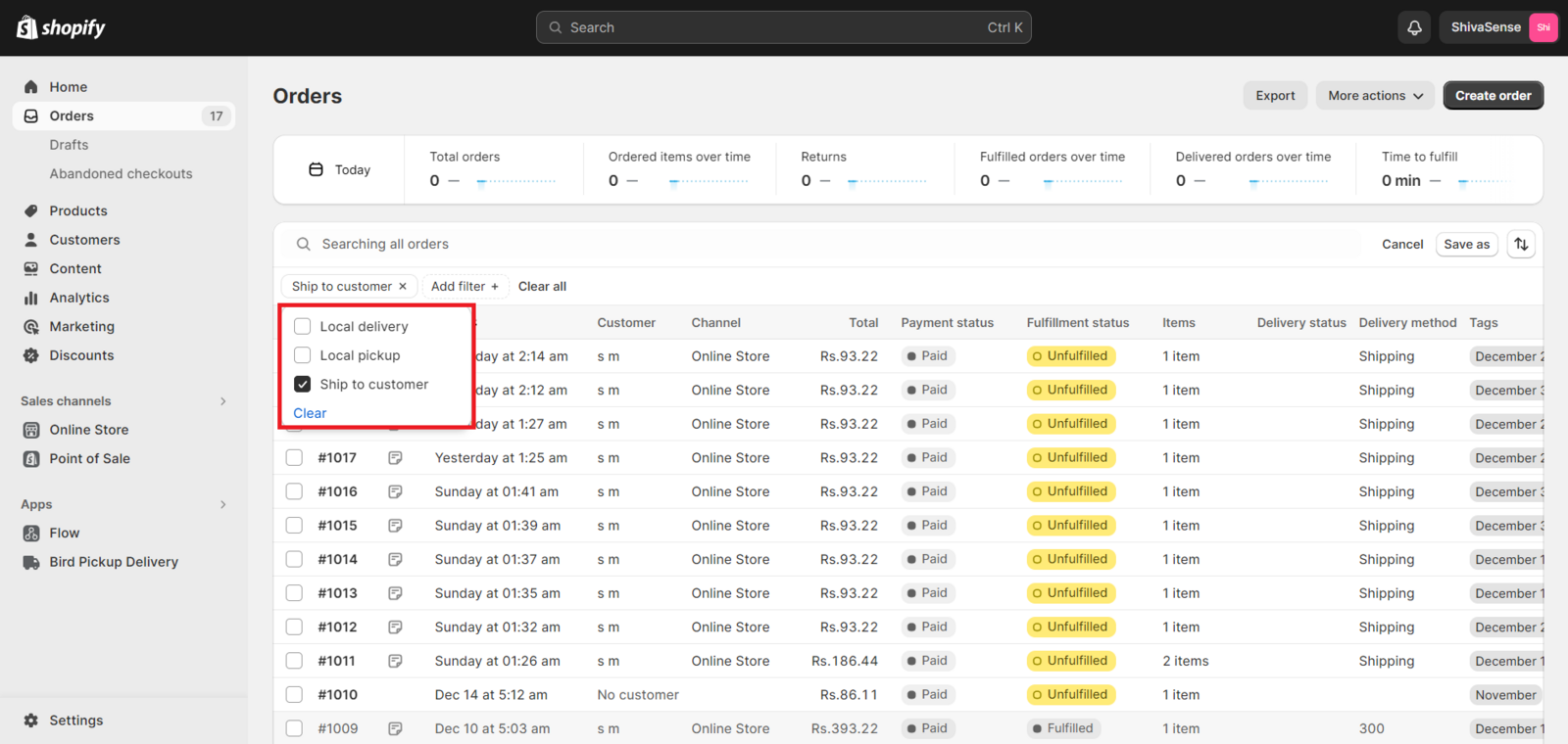 Shows the delivery method selection dropdown with various delivery options available