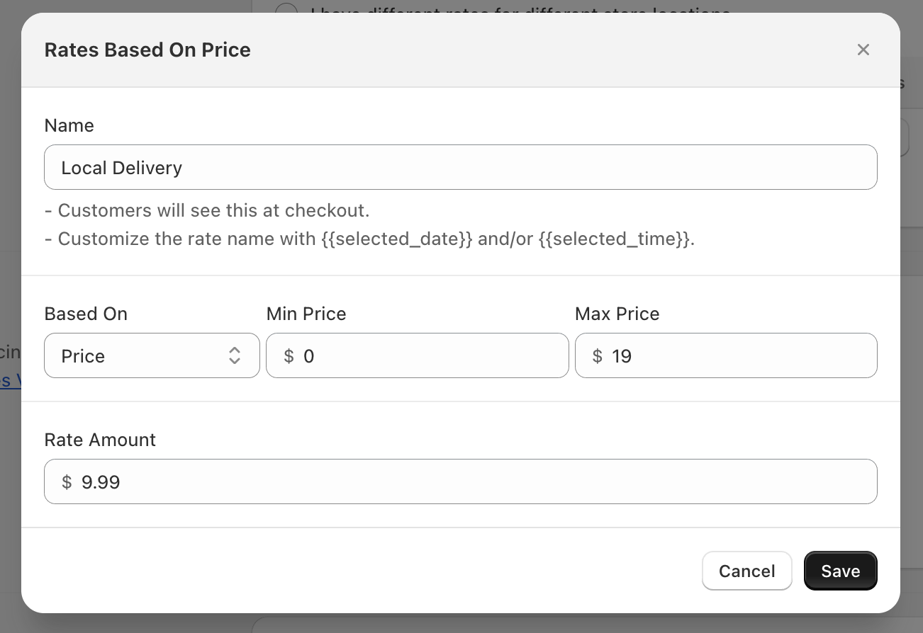 Demonstrates price-based rate configuration with min/max order value fields