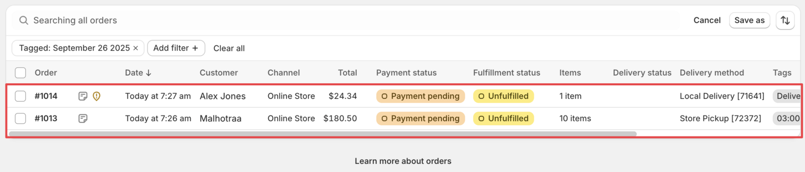 Shows the filtered order results displaying only orders matching the specified delivery date