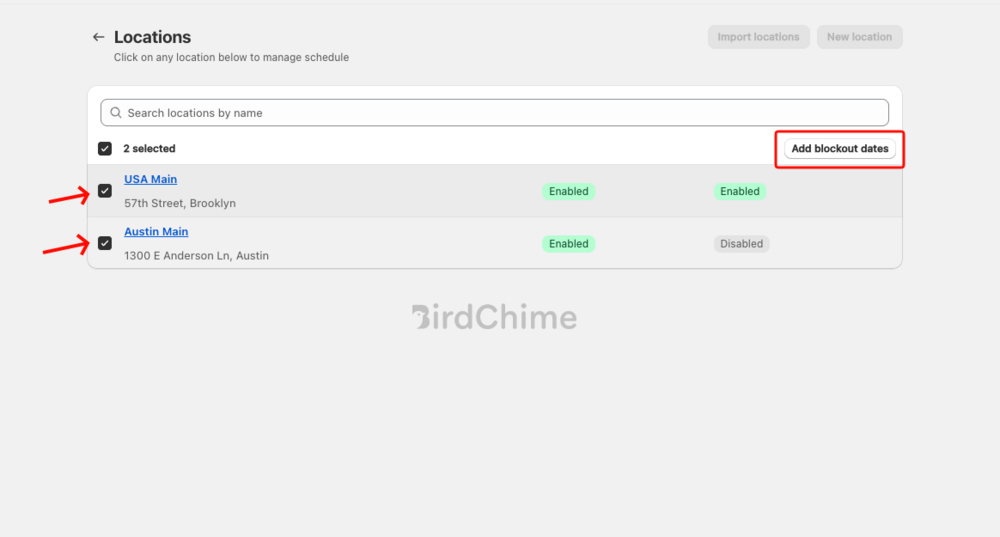Shows the Locations page with 2 locations checked and the Add blockout dates button highlighted in the top-right corner
