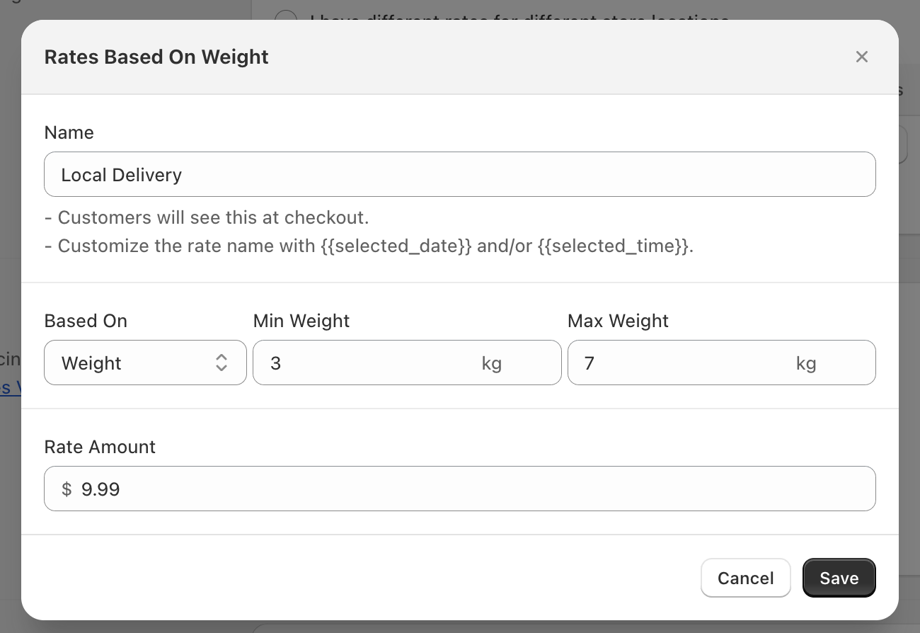 Shows weight-based rate setup with weight ranges