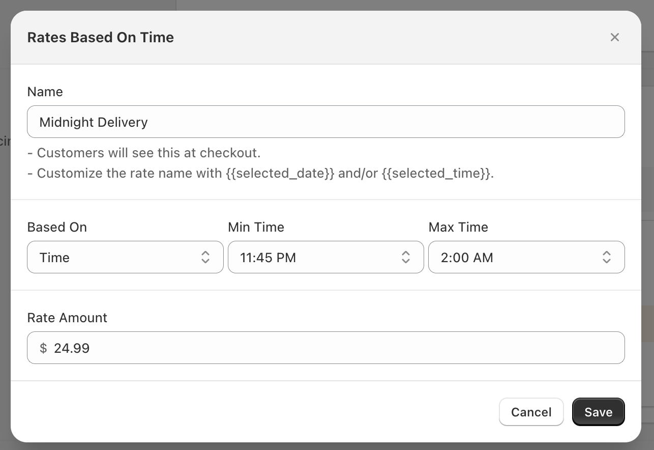 Time condition configuration showing minimum and maximum time period fields